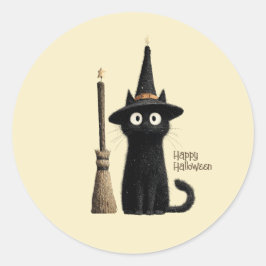 Pegatina Redonda Gato Negro Caprichoso Feliz Halloween
