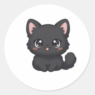 Pegatina Redonda Gato Negro Chibi Adorable Gatito Lengua Kawaii