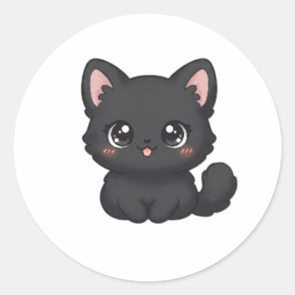 Pegatina Redonda Gato Negro Chibi Adorable Gatito Lengua Kawaii