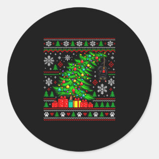 Pegatina Redonda Gato negro colgando del árbol de Navidad mascota f