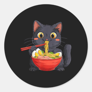 Pegatina Redonda Gato negro comiendo fideos ramen estilo anime kawa