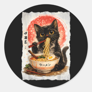 Pegatina Redonda Gato negro comiendo ramen anime kawaii lindo