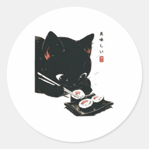 Pegatina Redonda Gato negro comiendo sushi - arte japonés gato