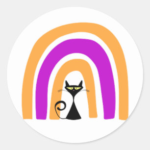 Pegatina Redonda Gato negro con arcoiris de color de Halloween