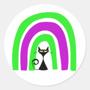 Pegatina Redonda Gato negro con arcoiris de color de Halloween