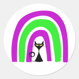 Pegatina Redonda Gato Negro Con Arcoíris De Colores De Halloween