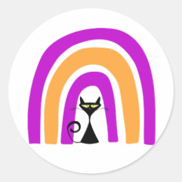 Pegatina Redonda Gato negro con arcoíris de colores de Halloween