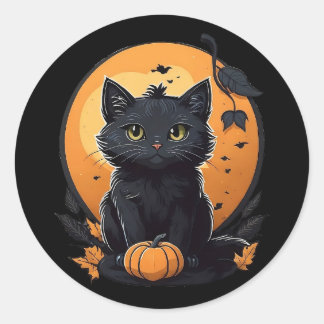 Pegatina Redonda Gato negro con calabaza