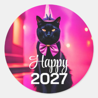 Pegatina Redonda Gato negro con estilo jazz 2027 deseos