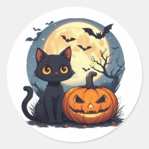 Pegatina Redonda Gato Negro Con Murciélagos Voladores Halloween 🎃