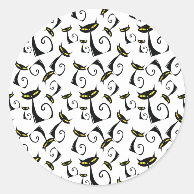 Pegatina Redonda Gato negro con ojos amarillos patrón Halloween (Anverso)