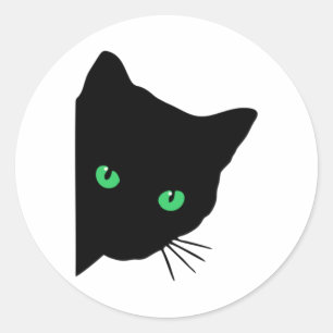 Pegatina Redonda gato negro con ojos verdes