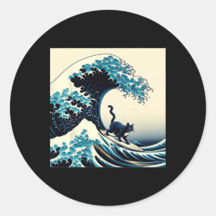 Pegatina Redonda Gato negro con surf surfando la gran ola hombres m
