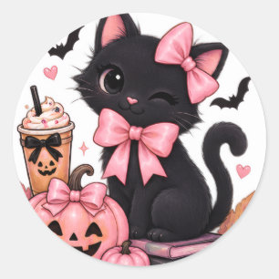 Pegatina Redonda Gato negro coqueto de Halloween con lazos rosas
