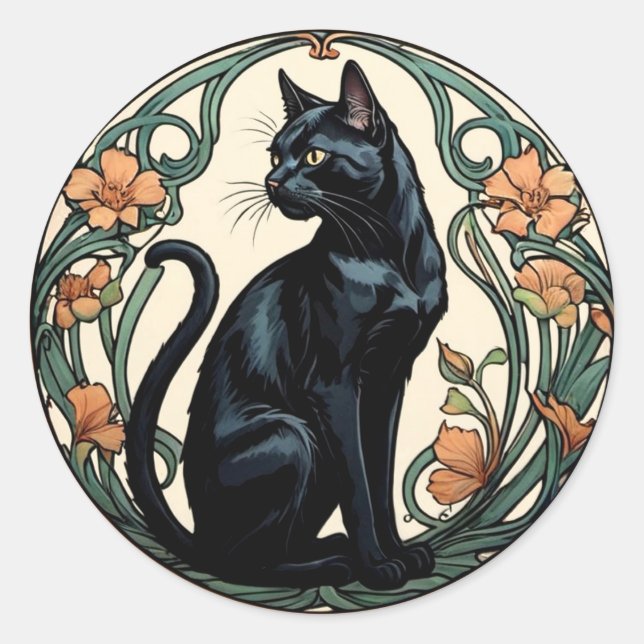 Pegatina Redonda Gato negro de Art Nouveau (Anverso)