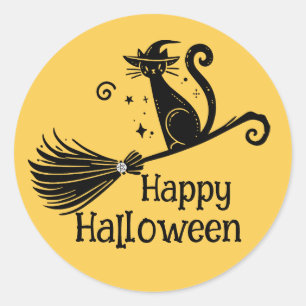 Pegatina Redonda Gato negro de bruja en Halloween con broomstick