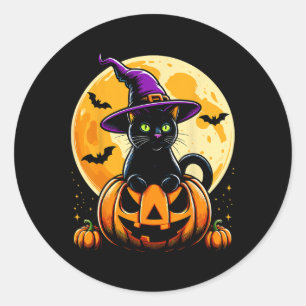 Pegatina Redonda Gato negro de calabaza de Halloween