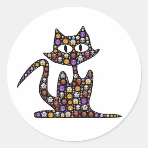 Pegatina Redonda Gato negro de Emoji de Halloween