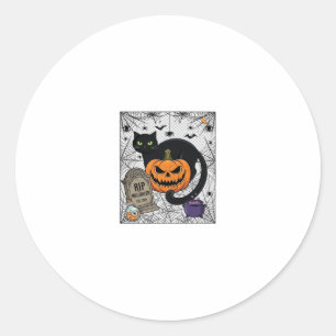 Pegatina Redonda Gato negro de Halloween calabaza lápida caldero Ri