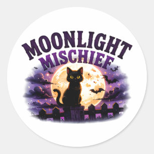 Pegatina Redonda 🐈‍⬛ Gato negro de Halloween con luz de luna 🌕