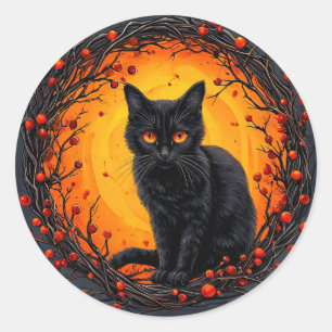 Pegatina Redonda Gato negro de Halloween con ojos brillantes