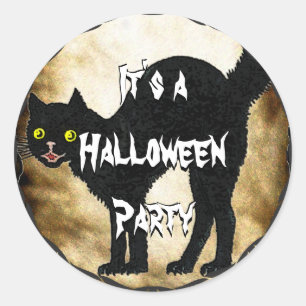 Pegatina Redonda Gato negro de HALLOWEEN impreso en pergamino falso