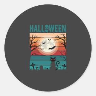 Pegatina Redonda Gato Negro De Halloween Luna Cementerio Retro Vect