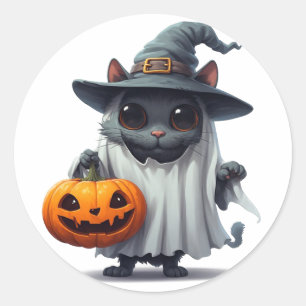 Pegatina Redonda Gato negro de Halloween sosteniendo acento de cala