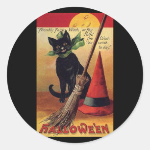 Pegatina Redonda Gato negro de Halloween vintage, escoba y sombrero