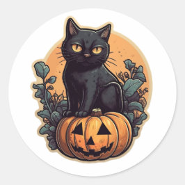 Pegatina Redonda Gato negro de Halloween y calabaza