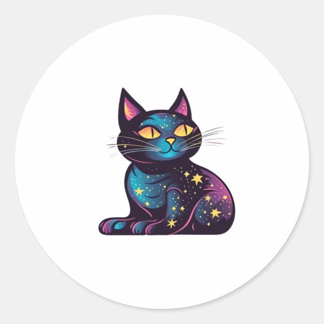 Pegatina Redonda Gato negro de las estrellas (Anverso)