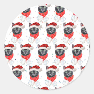 Pegatina Redonda Gato negro de Navidad con bufanda roja