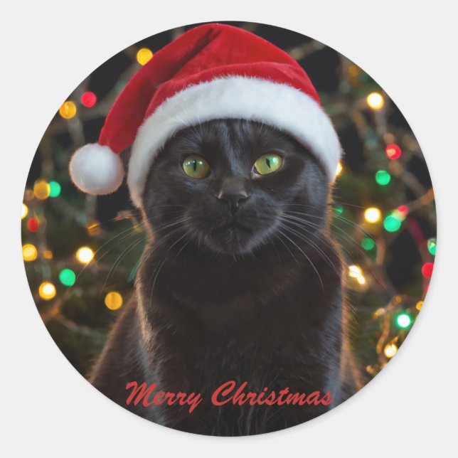Pegatina Redonda Gato negro de navidades - foto personalizada de Sa (Anverso)