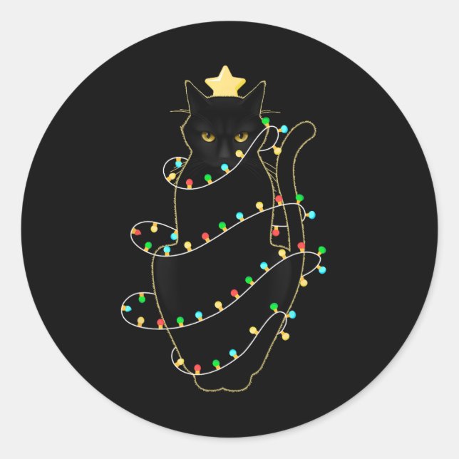 Pegatina Redonda Gato negro de Santa enredado en luz de árbol de Na (Anverso)