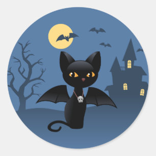 Pegatina Redonda Gato negro de vampiros de Halloween con alas
