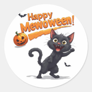 Pegatina Redonda Gato Negro Detrás de Calabaza Halloween 🎃