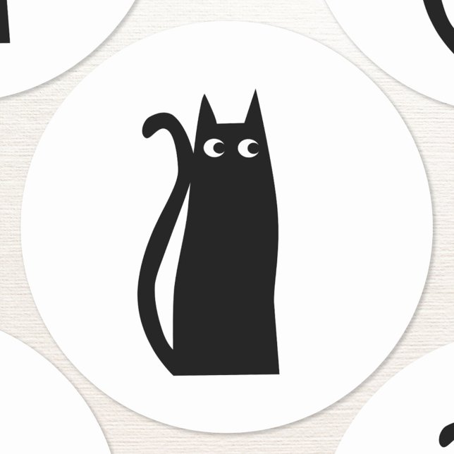 Pegatina Redonda Gato negro divertido (Fun black cat sticker or envelope seal)