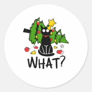 Pegatina Redonda Gato Negro Divertido Árbol De Navidad Alegre Santa