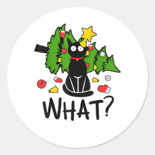 Pegatina Redonda Gato Negro Divertido Árbol de Navidad Alegre Santa