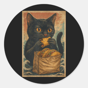 Pegatina Redonda Gato negro divertido comiendo tacos retro japonés