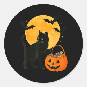 Pegatina Redonda Gato negro divertido de Halloween con calabaza y d