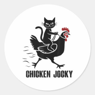 Pegatina Redonda Gato negro divertido de pollo con jockey