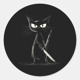 Pegatina Redonda Gato negro divertido gato asesino con cuchillo Fan