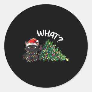 Pegatina Redonda Gato Negro Divertido Navidad Árbol Navideño Merry 