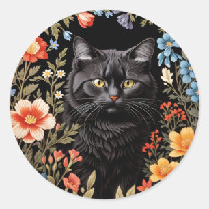 Pegatina Redonda Gato Negro Elegante Floral Colorido