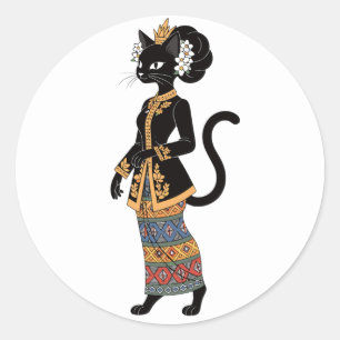 Pegatina Redonda Gato negro en arte tradicional de Kebaya con batik