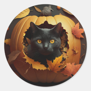 Pegatina Redonda Gato negro en calabaza