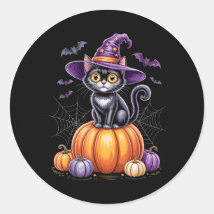Pegatina Redonda Gato Negro En Calabaza Con Sombrero De Bruja Hallo