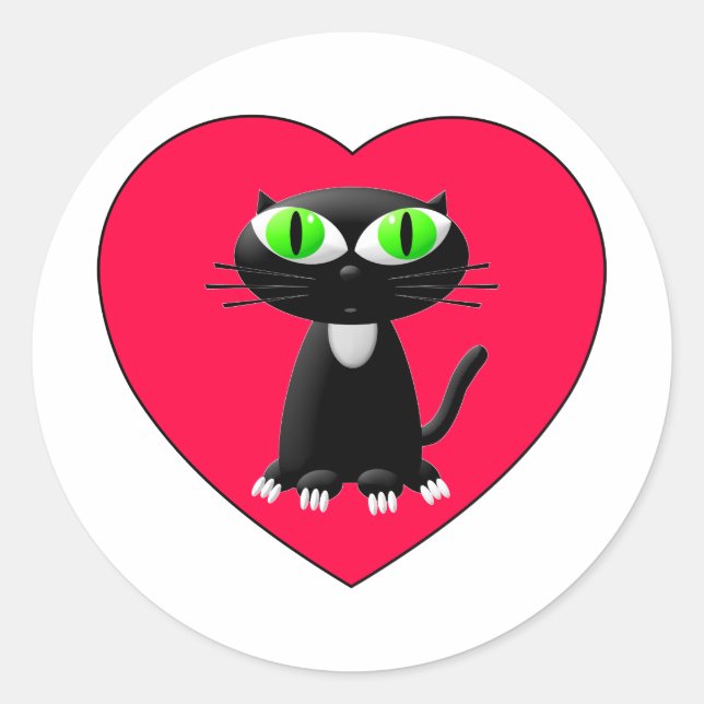 Pegatina Redonda Gato Negro En Corazón Rojo (Anverso)