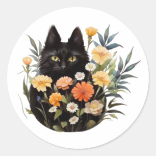 Pegatina Redonda Gato negro en flores
